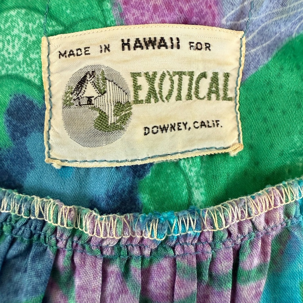VINTAGE 60s 70s made in Hawaii EXOTICAL vibrant blue aqua green dress S M L muu - Picture 8 of 10